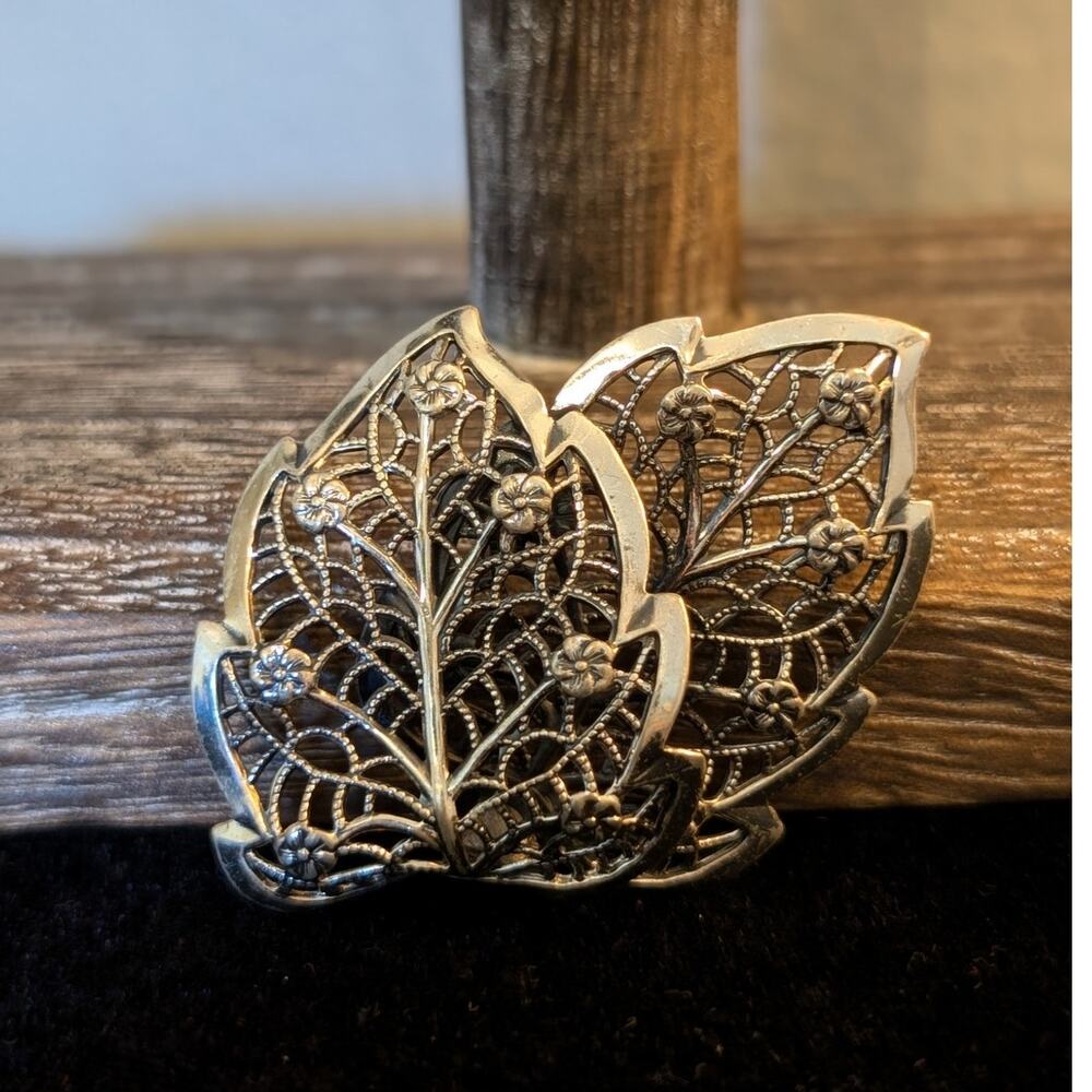 Vintage Signed Beau Sterling Filigree Leaves Floral Pin Brooch